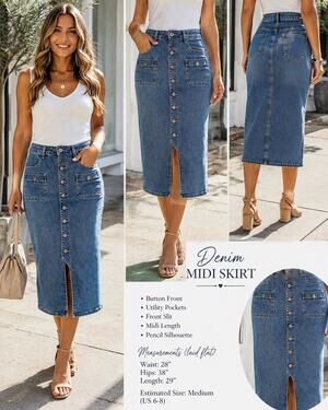 Women’s Denim Button Front Midi Pencil Skirt Utility Pocket Stretch Jean Skirt